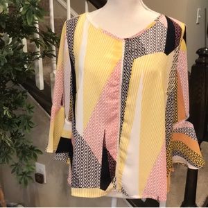 Colorful Patchwork Design Blouse w/ Bell Sleeve Size S 100% Polyester. Worn once